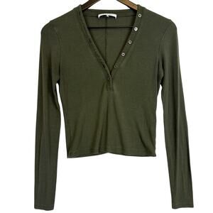 FRAME The Mesh Rib Henley Long Sleeve VNeck Shirt Green - XS